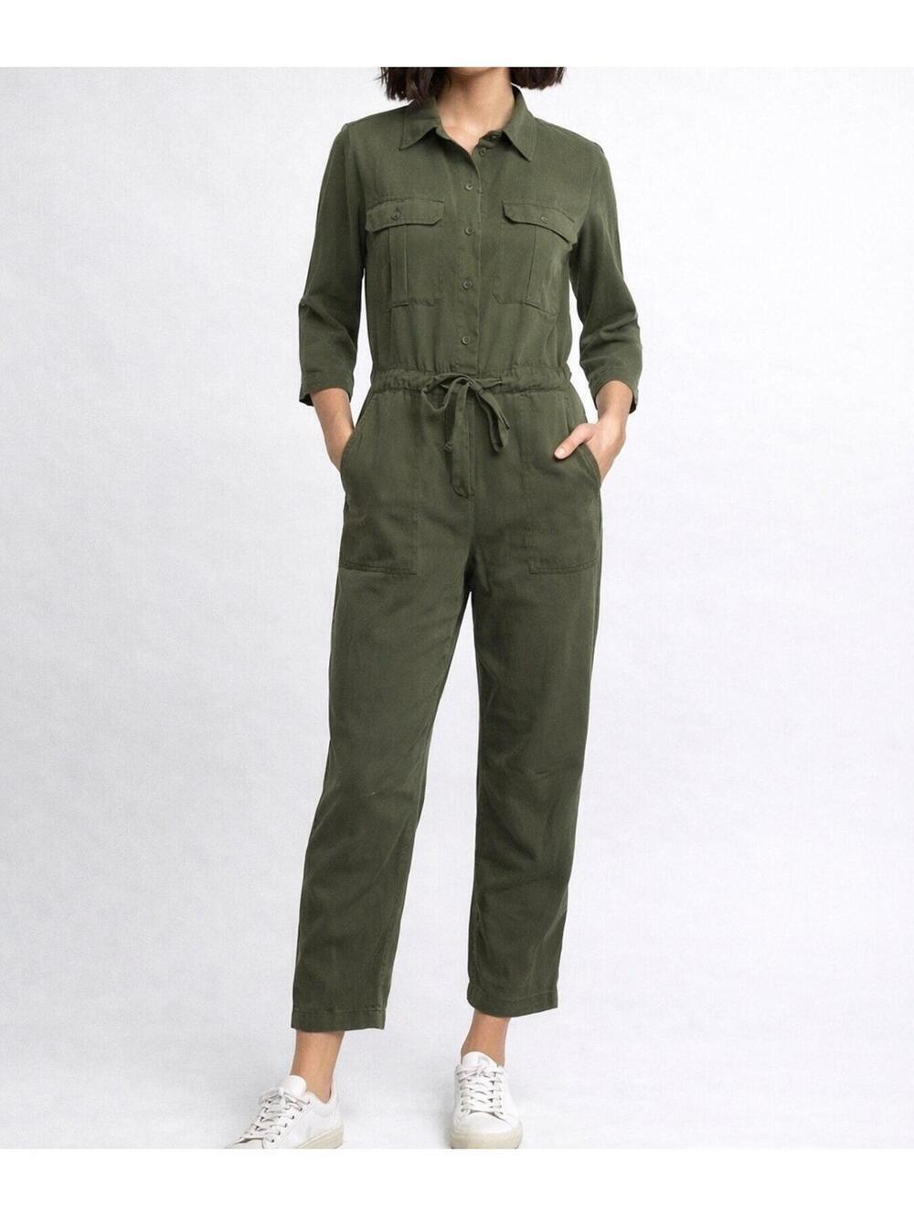 Max Studio Green Utility Jumpsuit XS Button Front Tie Waist Boiler Suit Grunge
